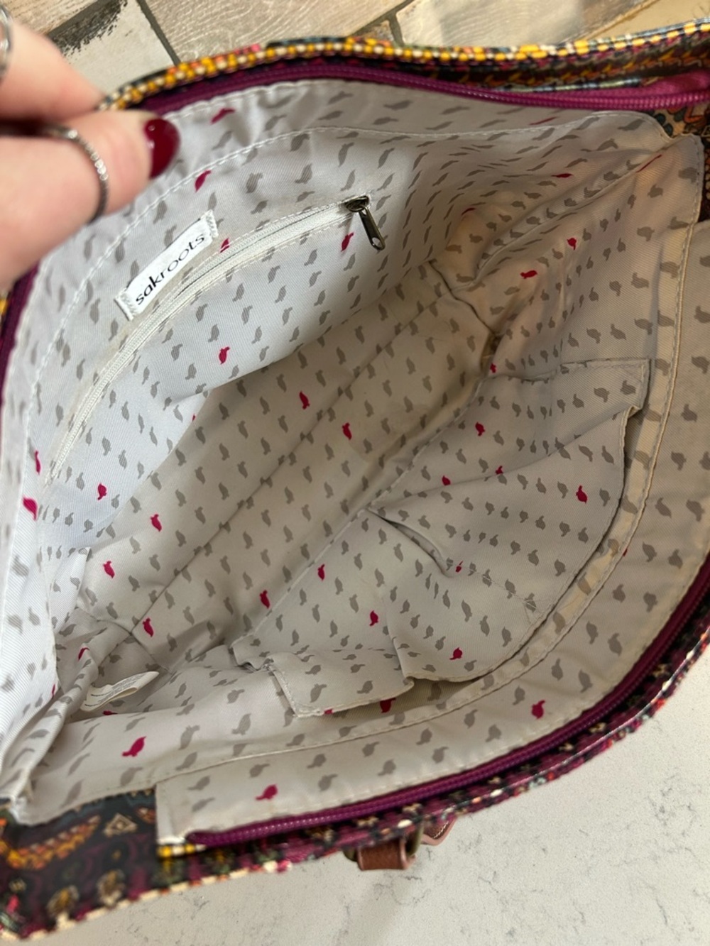 Sakroots Metro Tote Burgundy Faux Suede & Multicolor Pattern Shoulder Bag - Picture 12 of 16